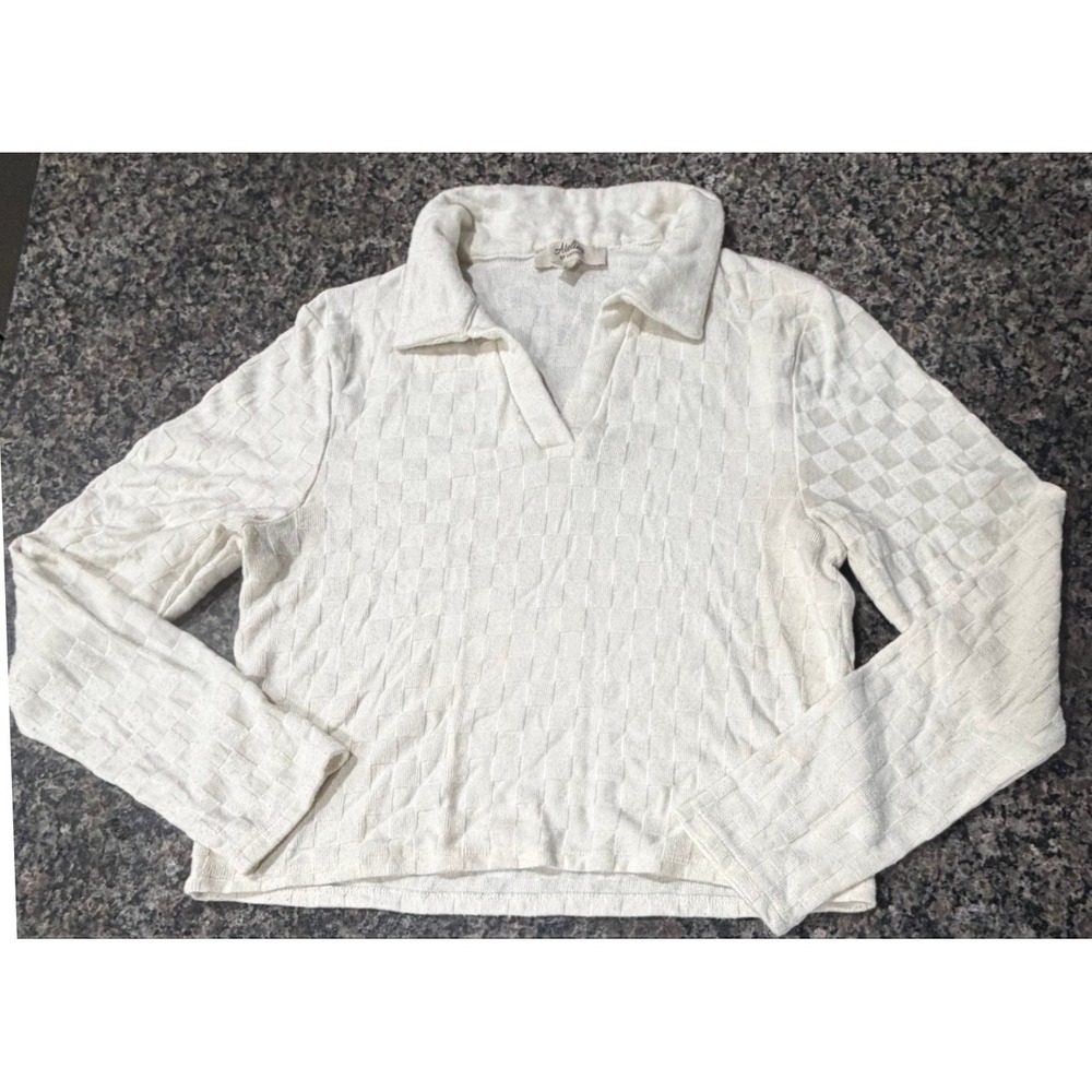 Atelier by Kirious Womens Ivory Checkerboard Textured Polo Sweater Long Sleeve L